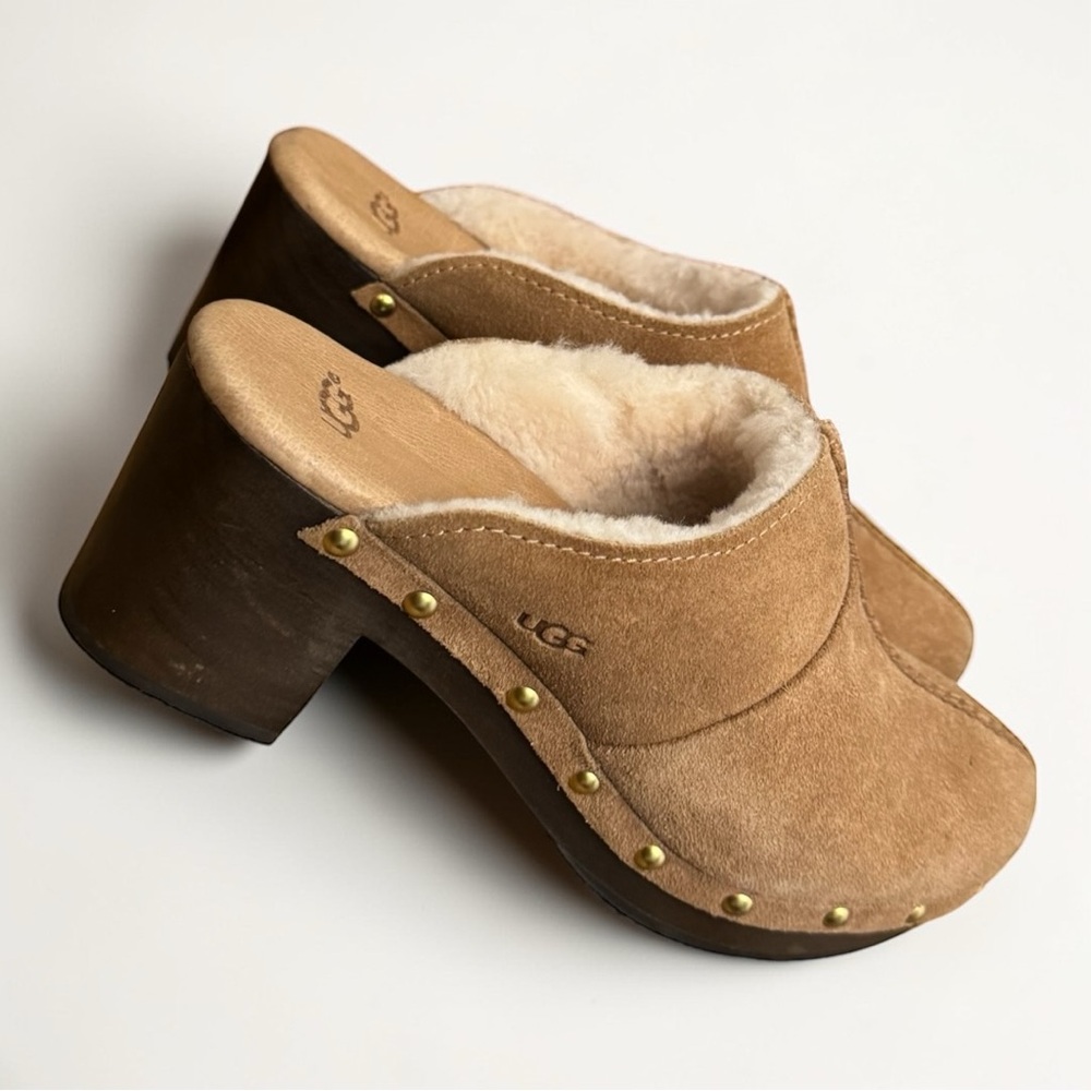 UGG Chestnut Brown Suede Kassi Sherpa Lined Slip On Clogs Heels Size 6 - Picture 3 of 11
